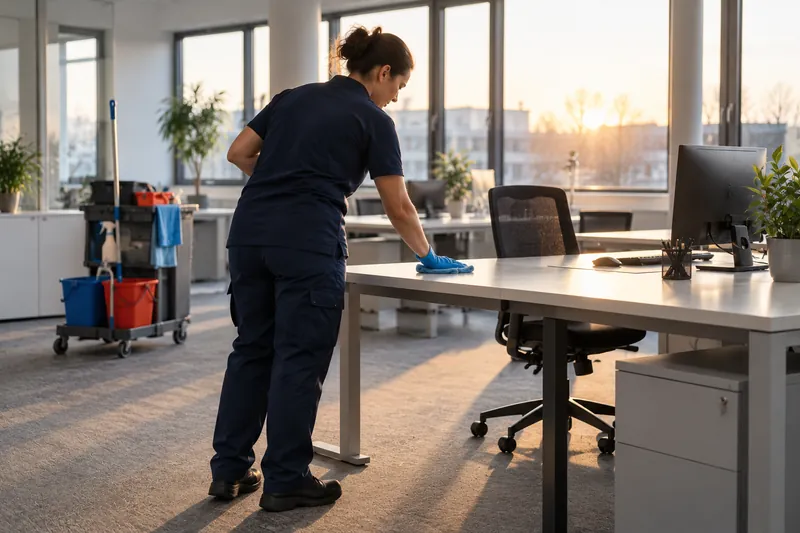 Büroreinigung in Mannheim: Reinigungskraft wischt früh am Morgen einen Schreibtisch im Büro