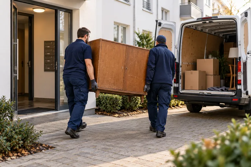 Entrümpelung in Mannheim: Zwei Mitarbeiter tragen einen Schrank aus dem Haus zum Transporter