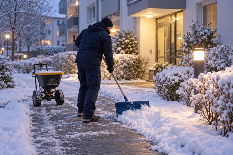 Winterdienst in Mannheim: Mitarbeiter räumt mit dem Schneeschieber den Gehweg vor einer Wohnanlage